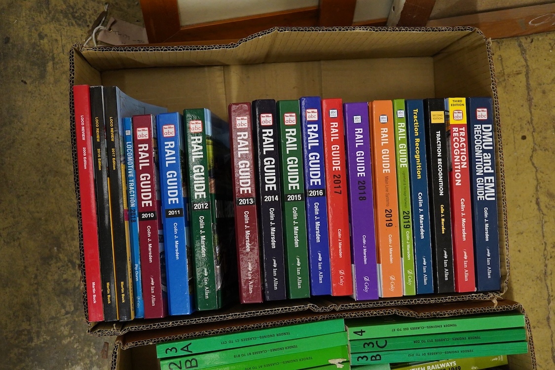 Four boxes of Railway related books, subjects include; Rail Guide ABC year books, Locomotive and Train Working in the 19th century, British Locomotive Catalogue, Armoured Trains, etc., publishers include; Pen & Sword, He
